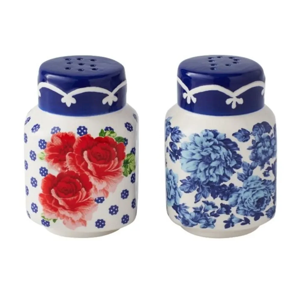 Pioneer Woman Frontier Rose Salt And Pepper Set Shakers Blue Red White New